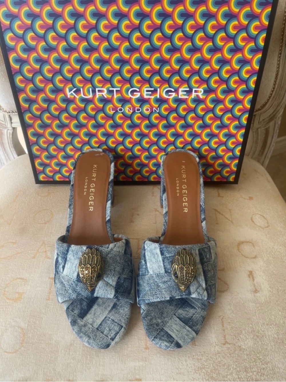 Kurt Geiger Blue Denim Effect Slide Mules with Gold Hamsa Emblem